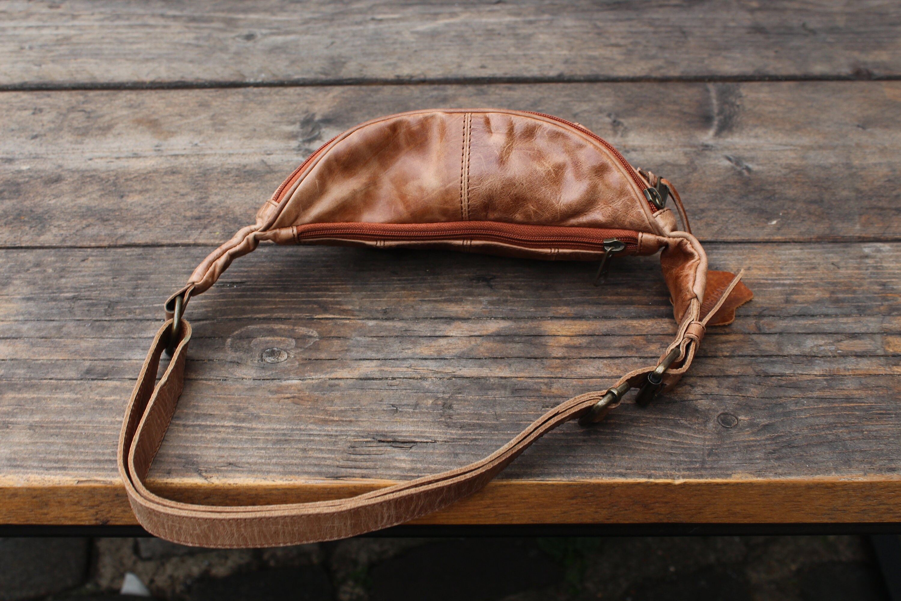 Tan Bum Bag With 3 Zip Pockets, Chest Bag Tan Leather, Fanny Tan Bum Bag With 3 Zip Pockets, Chest Bag Tan Leather, Fanny