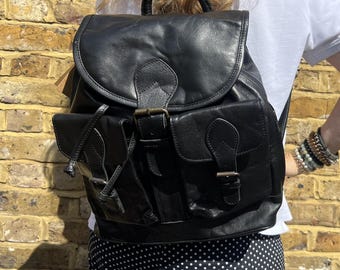 boulder ridge leather backpack black and brown Vintage 80s 'boulder Ridge' Black Leather Backpack