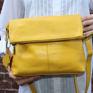 Mini Amelie Foldo, Yellow Leather Flap-over Messenger Bag, Medium Size, Zip front messenger, Back zip, Internal compartments, Adjustable Bag