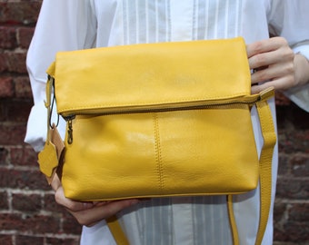 Mini Amelie Foldo, Yellow Leather Flap-over Messenger Bag, Medium Size, Zip front messenger, Back zip, Internal compartments, Adjustable Bag