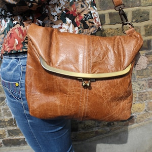 Tan leather clip bag, Top clasp purse, Flap over frame bag, Dublin, Fold over kiss clip bag, Brass hardware, pockets front back and inside