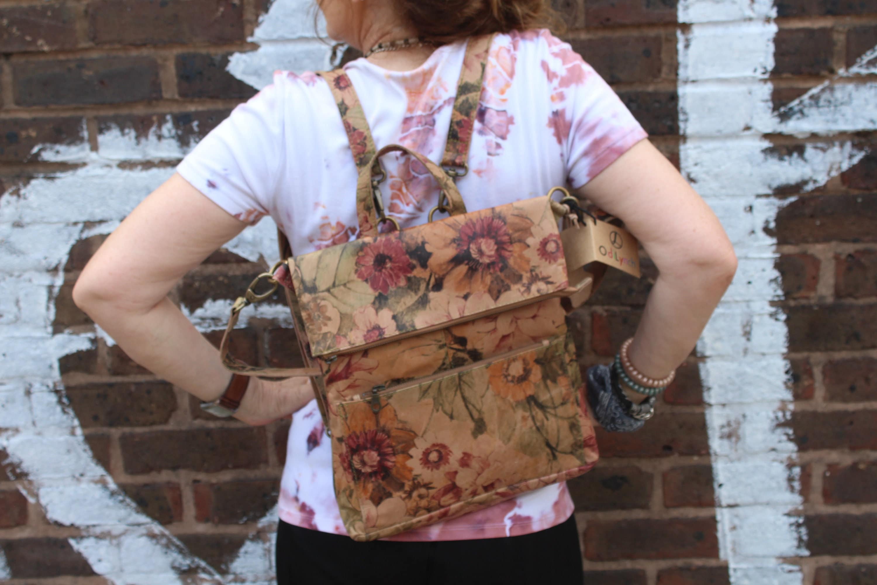 Floral Leather Convertible Backpack: Italian Art Print  display picture 3