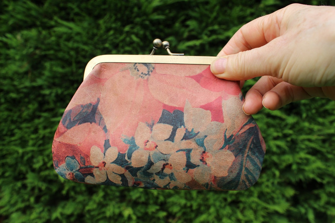 Floral Leather Purse, Large Coin Purse, Blue and Pink Flower Combo, Kiss Lock Purse, Floral