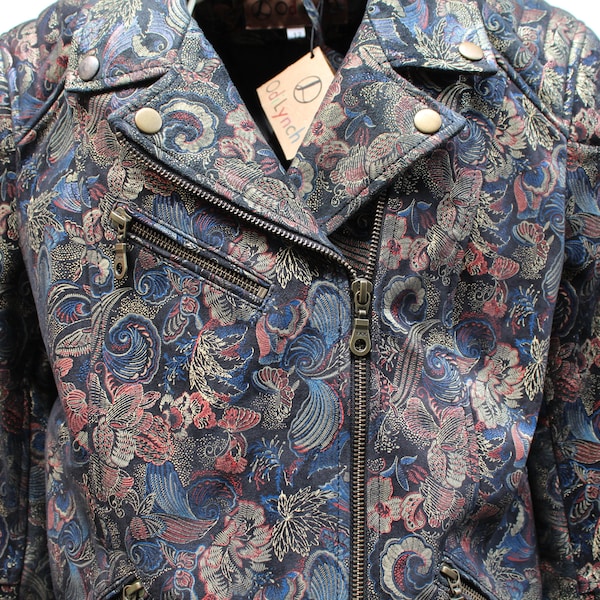 Biker Jacket Leather in Oriental Garden Filigree Art Deco Gold and Black Floral Embossed