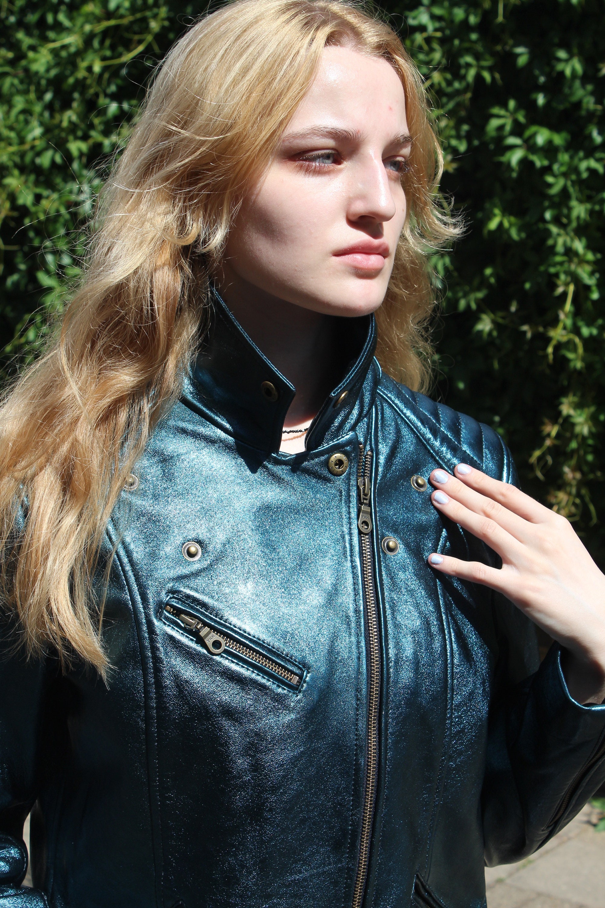 レザージャケット・コート GREY/BLUE LEATHER JACKET Leather Biker Jacket, Metallic Blue Teal, Durable Lining