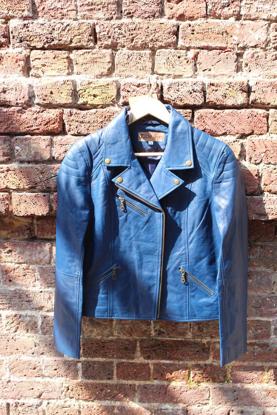 Royal Blue Biker Jacket in Pure Genuine Sheep Leather | Handmade Vintage Style Short Jacket