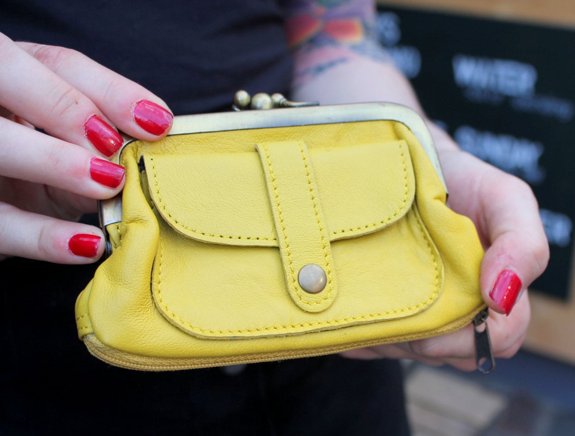 Amy Purse Yellow Leather Double Top Clasp Bottom Zip Coin 