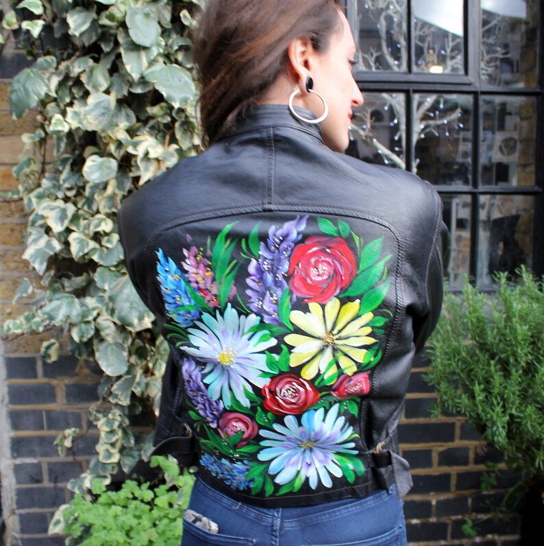Biker Jacket Vintage Lupins and sunflowers on black leather size 42