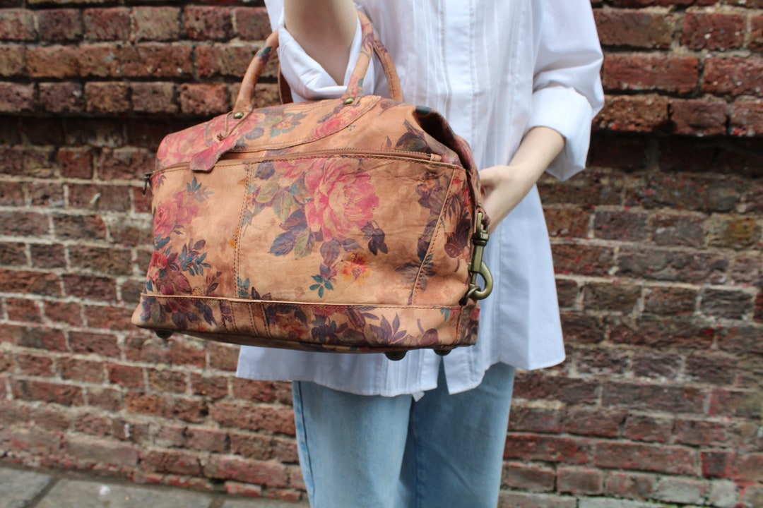 Travel Bag, Floral Leather Oversized Bag, Overnight Bag, Three Straps