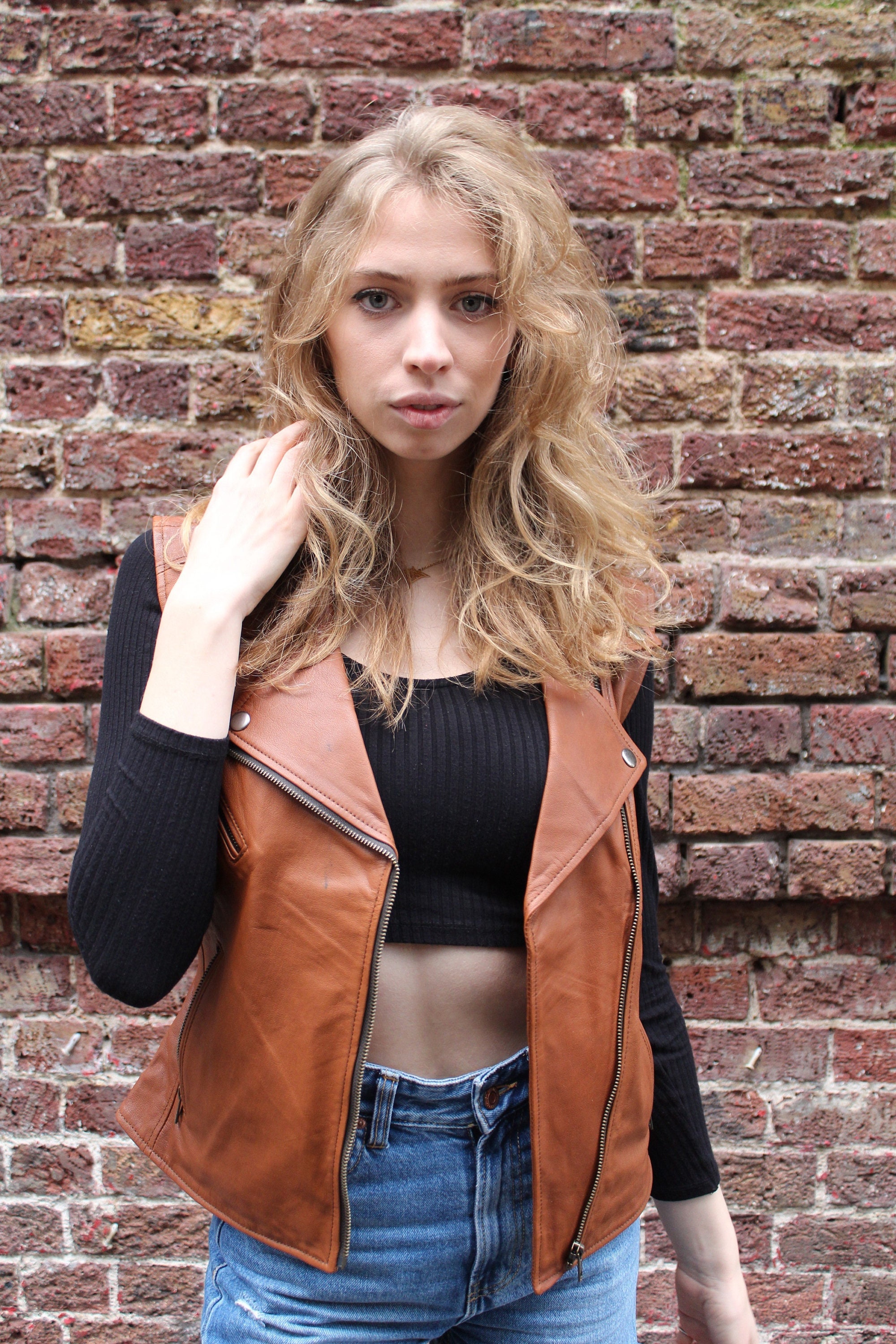 Leather Sleeveless Biker Jacket, Tan Leather, Medium, Size Leather Sleeveless Biker Jacket, Tan Leather, Medium, Size