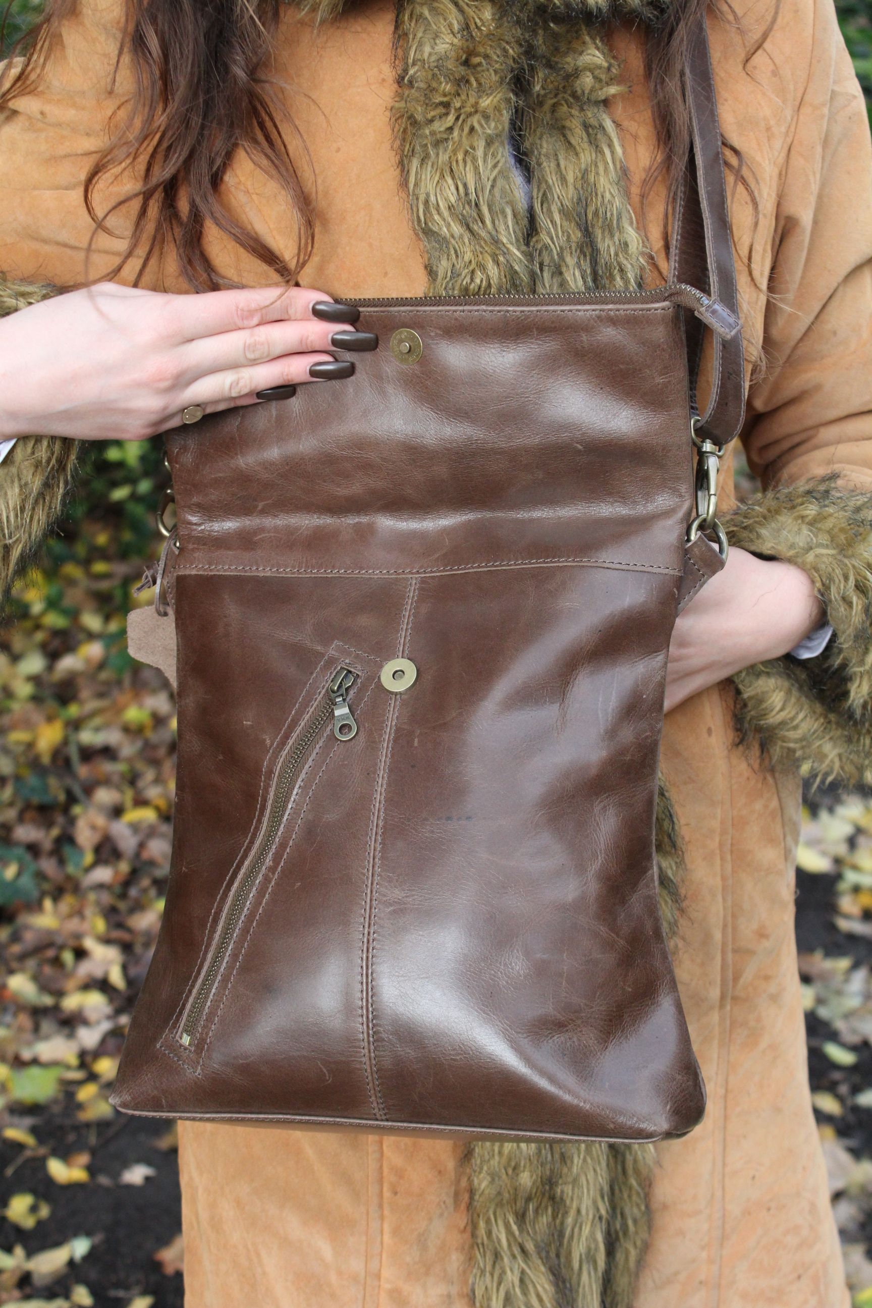 Bag Messenger Brown Smooth Leather Crossbody Amelie Long