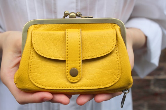 Amy Purse Yellow Leather Double Top Clasp Bottom Zip Coin Purse