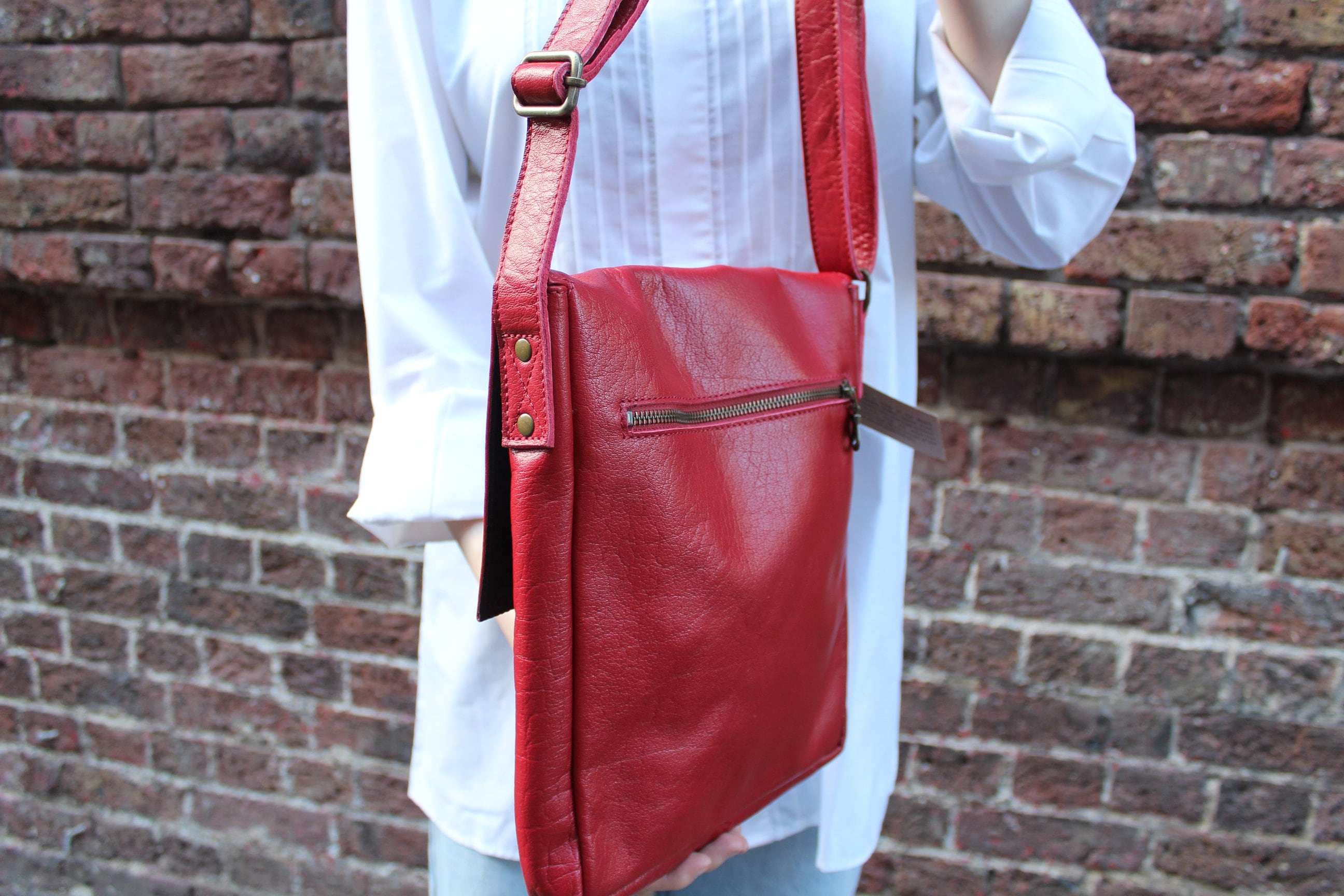 Messenger Bag, Medium Envelope Red Leather, Attached Zip Messenger Bag, Medium Envelope Red Leather, Attached Zip