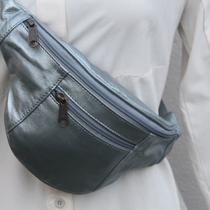 Light Silver Leather Fanny Pack: 3-Zip Hip Bum Bag