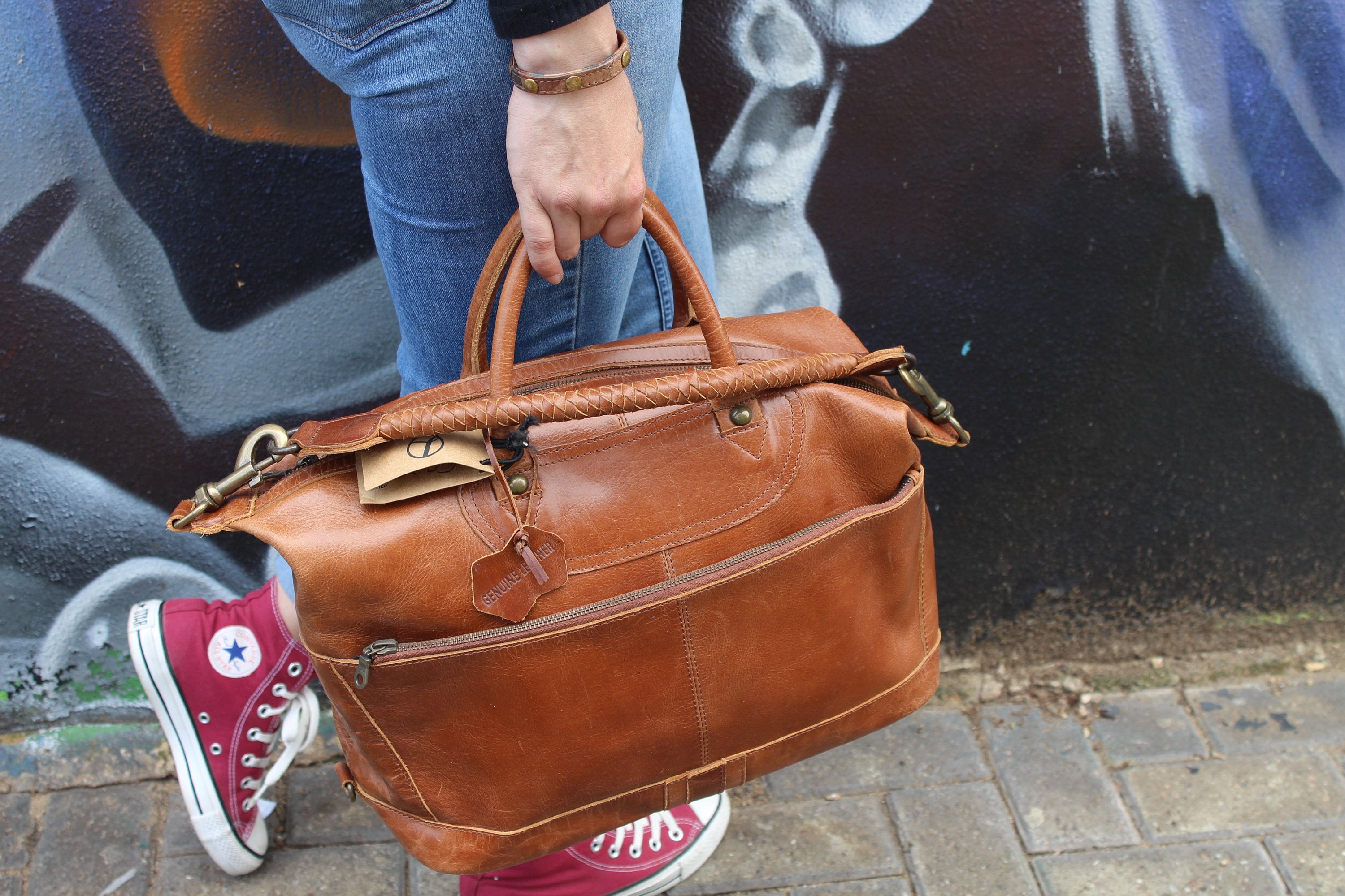Tan Leather Travel Bag: Gertrude Overnight Tote with Braided Strap