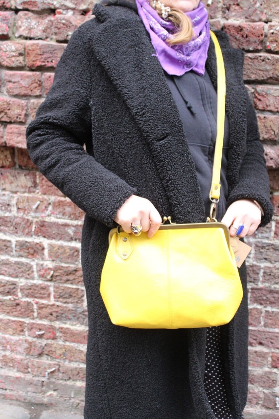 Yellow Leather Kiss Lock Crossbody Bag: Adjustable Strap - Etsy
