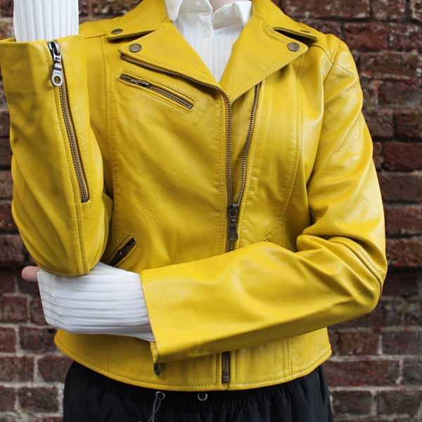 Biker Jacket Yellow Leather, Motor biker leather jacket, Zipped with YKK zips, Zipped sleeves, 3 front pocket, Satin polyester lining