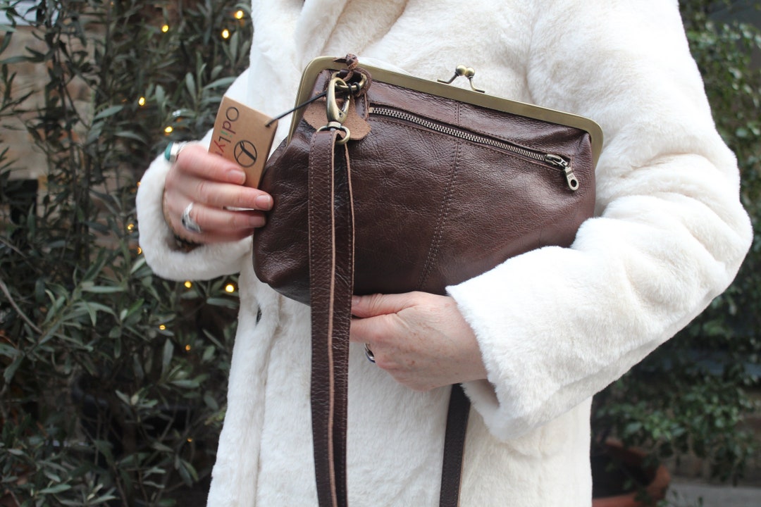 Dark Brown Leather Crossbody Bag: Kiss Clasp Top, Front Zip Pocket