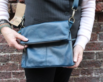 Flap over bag, Medium size, Blue leather, Fold over, Messenger bag medium, Zipped front and back, Top and Back zip, Zip under flap, Shoulder