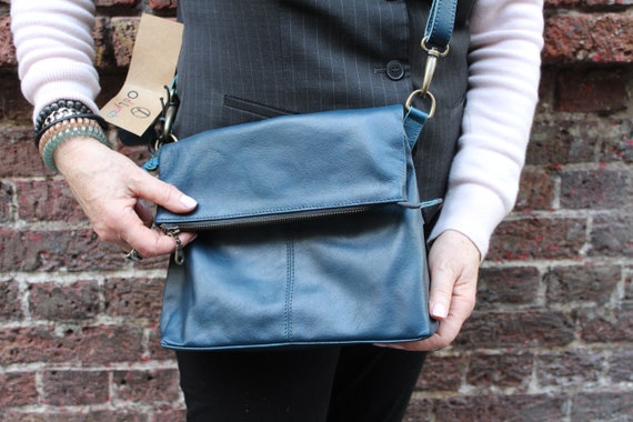 Flap Over Bag Medium Size Blue Leather Fold Over Messenger 