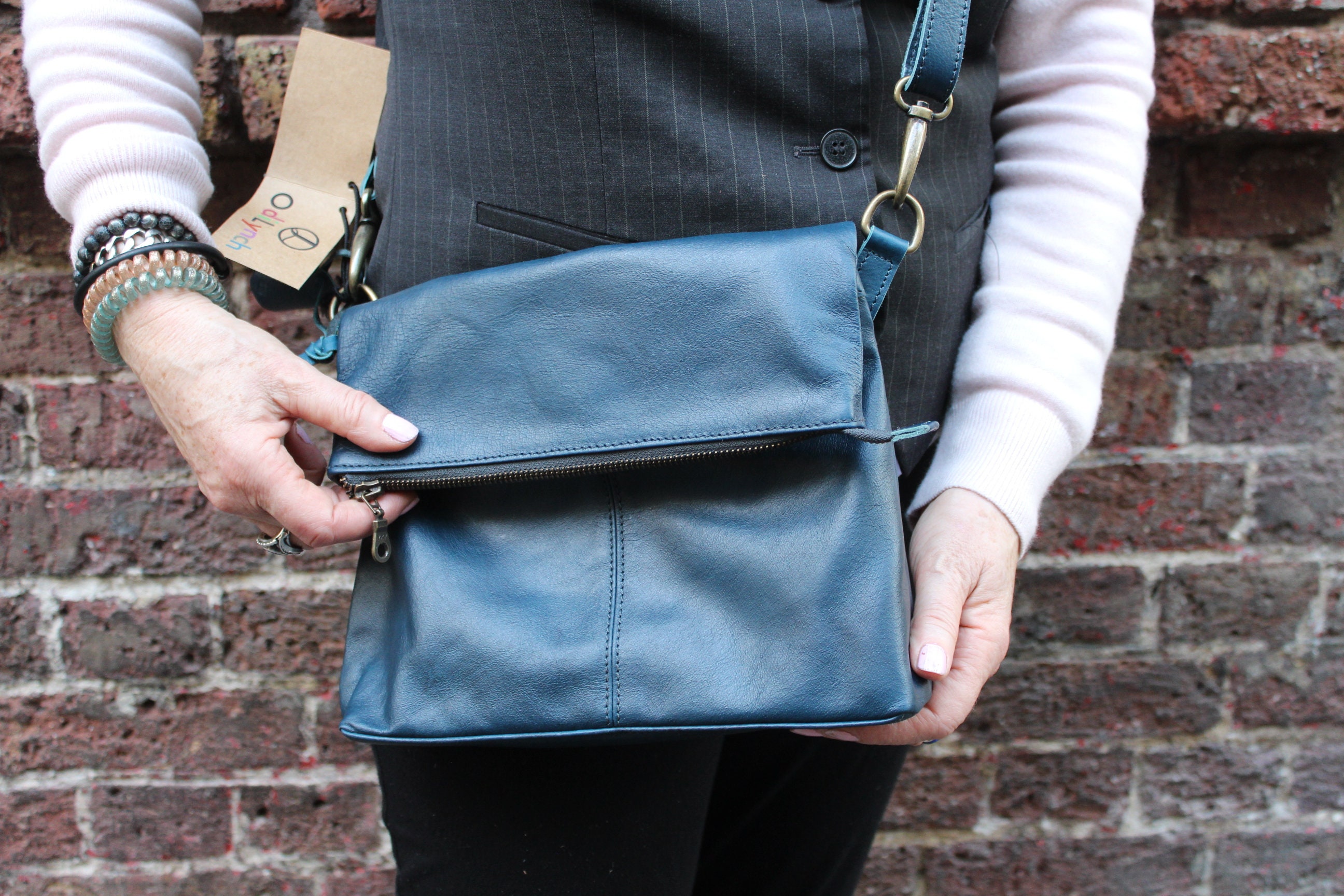 Green Leather Crossbody Handbag With Zipper. Soft Teal Leather 