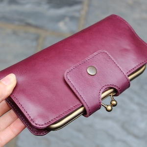 Large purple clipframe wallet, Card spaces, Note spaces, Internal clipframe purse, Snap cover closing for security, Evanna large clip wallet
