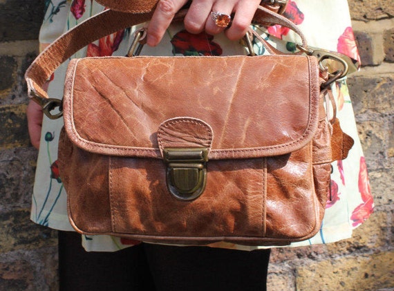 Multi Compartment Distressed Tan Leather Bag Funky Mini Satchel
