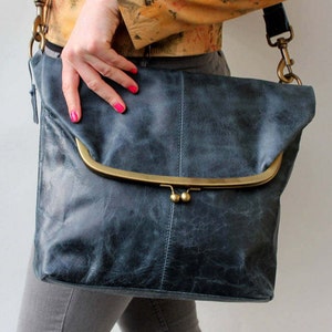 Navy Blue Leather Frame Bag: Dublin Clip Clasp Handbag
