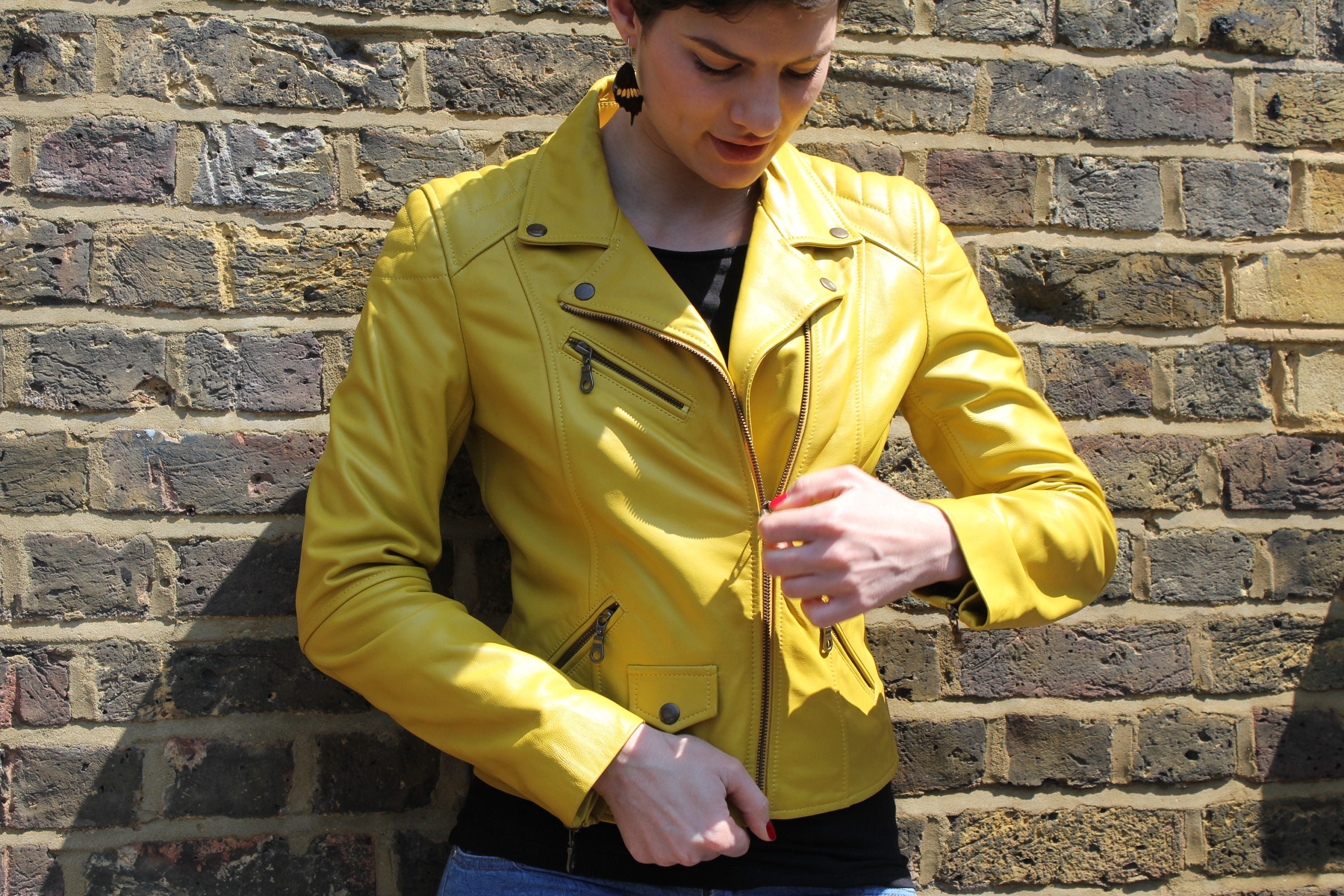 Yellow Leather Biker Jacket: Zipped Sleeves, YKK Zips - Etsy