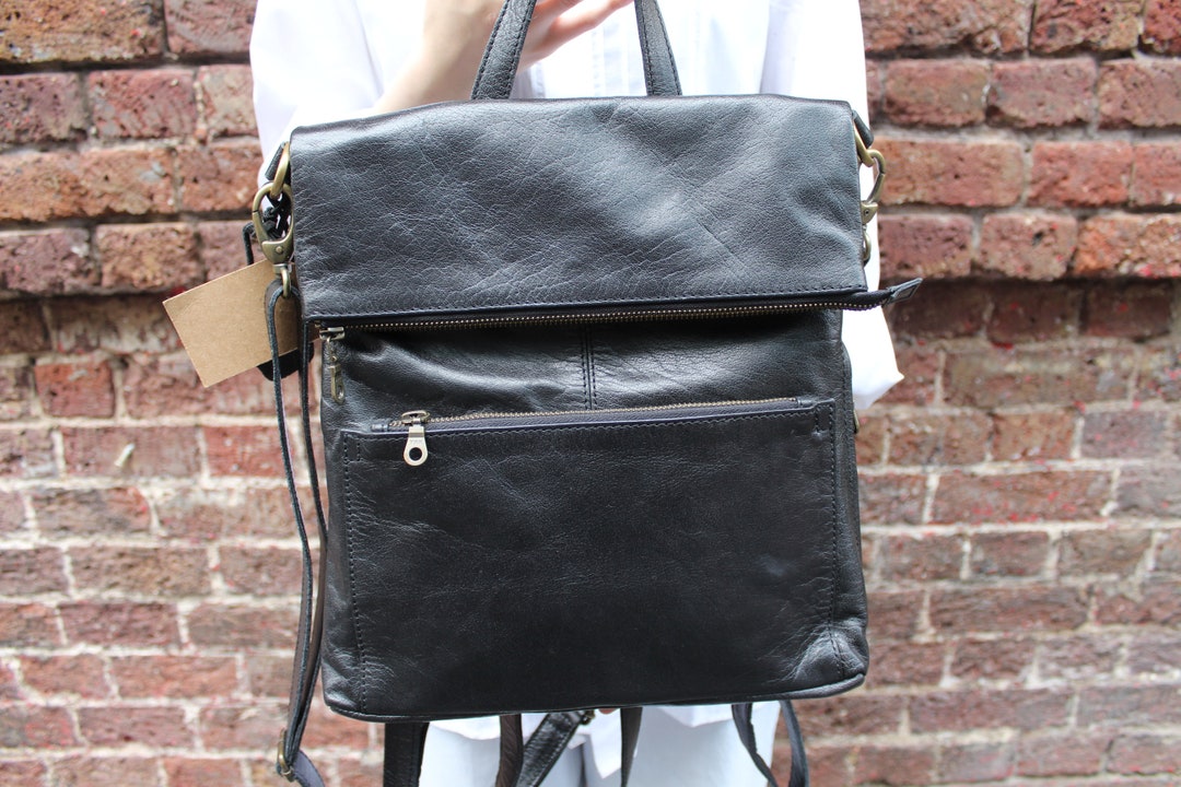 Backpack Black Leather, Amelie, Convertible Bag to Backpack, Zipped ...