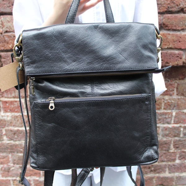 Backpack black leather, Amelie, Convertible bag to backpack, Zipped front, Flap pocket at back, Zipped side pocket, Internal compartments
