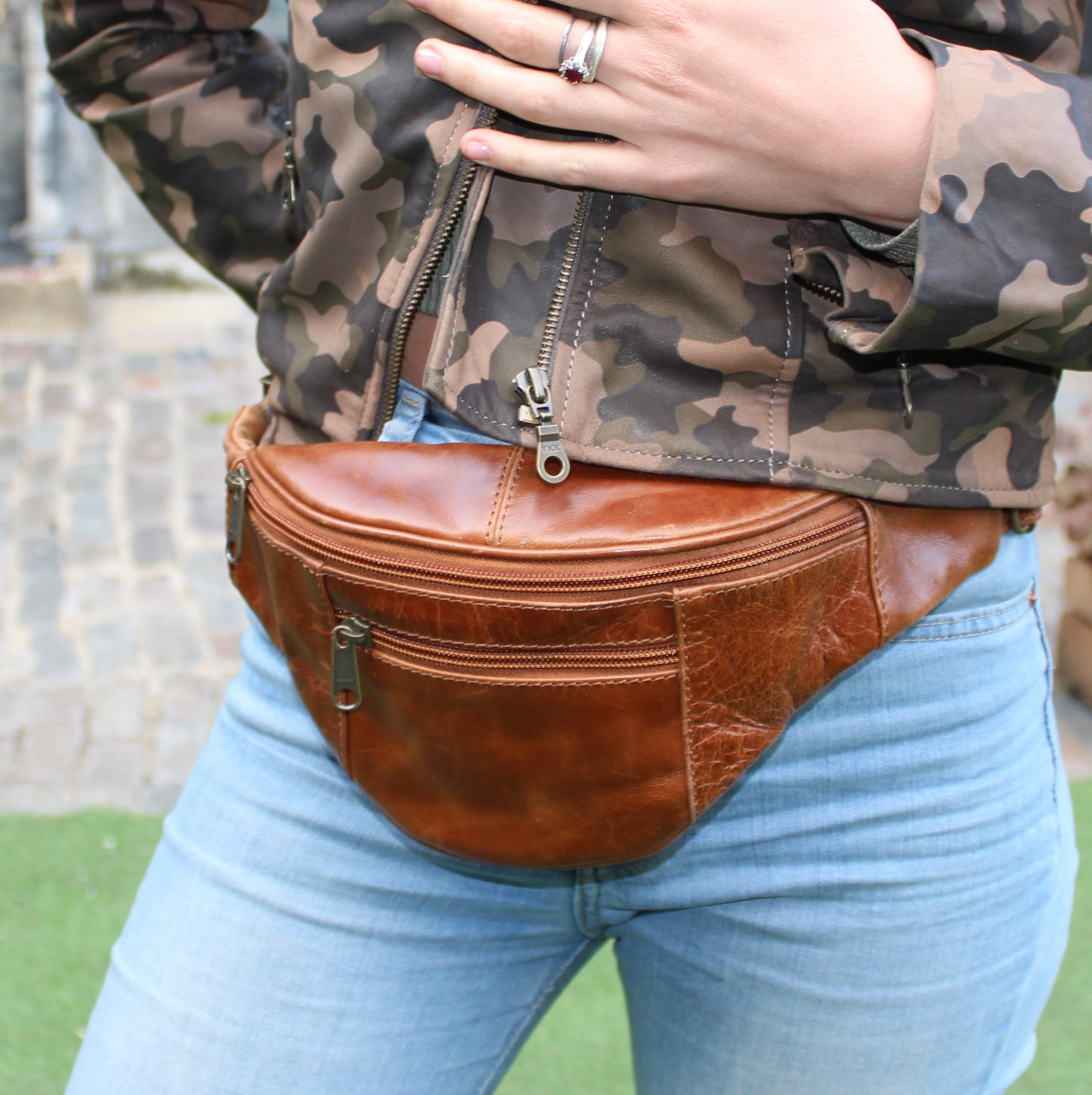 Tan Bum Bag With 3 Zip Pockets, Chest Bag Tan Leather, Fanny Tan Bum Bag With 3 Zip Pockets, Chest Bag Tan Leather, Fanny