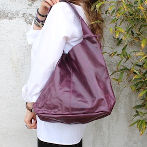 Purple Leather Hobo Tote: Slouchy Boho Shoulder Bag with Attached Purse