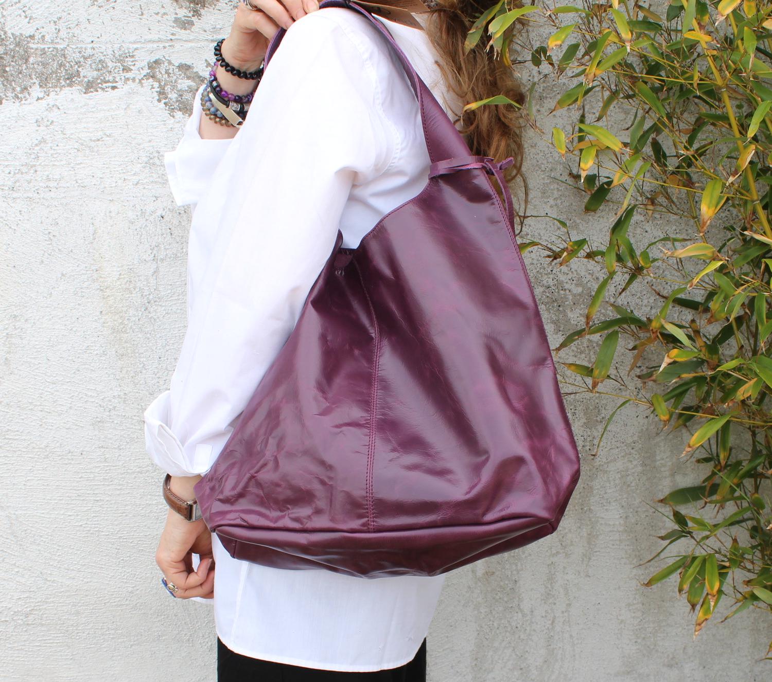 Purple Leather Hobo Tote: Slouchy Boho Shoulder Bag with Attached Purse
