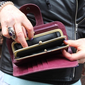 Extra grote Big Fat-portemonnee, paars leer met meerdere vakken, interne portemonnee met ritssluiting, portemonnee met dubbele clip, kaartsleuven, bankbiljetten, clutch portemonnee