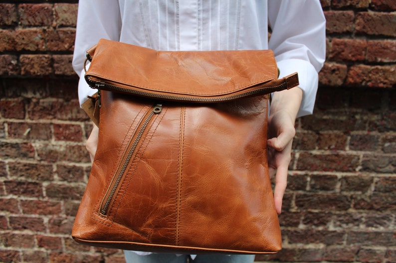 Odilynch Amelie, Tan smooth Leather Bag, Adjustable Messenger, Shoulder Bag, Cross-body, Foldover Zip Bag image 5