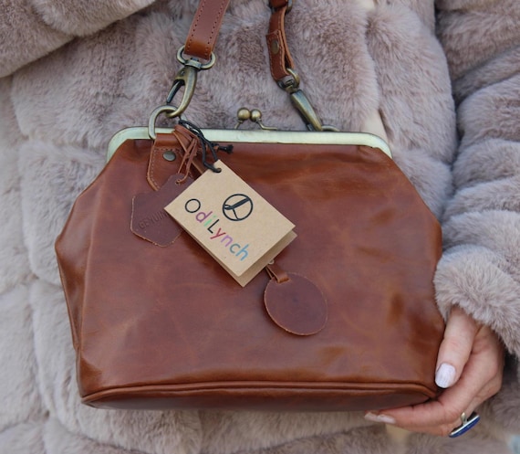 Tan Leather Boston Bag: Kiss Lock Top Clasp, Crossbody Purse Tan Leather Boston Bag: Kiss Lock Top Clasp, Crossbody Purse