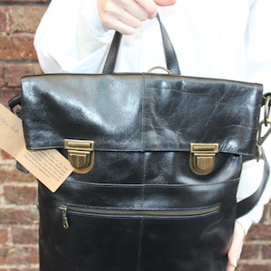 Convertible Black Leather Backpack: Laptop Crossbody Bag, Multi-Use