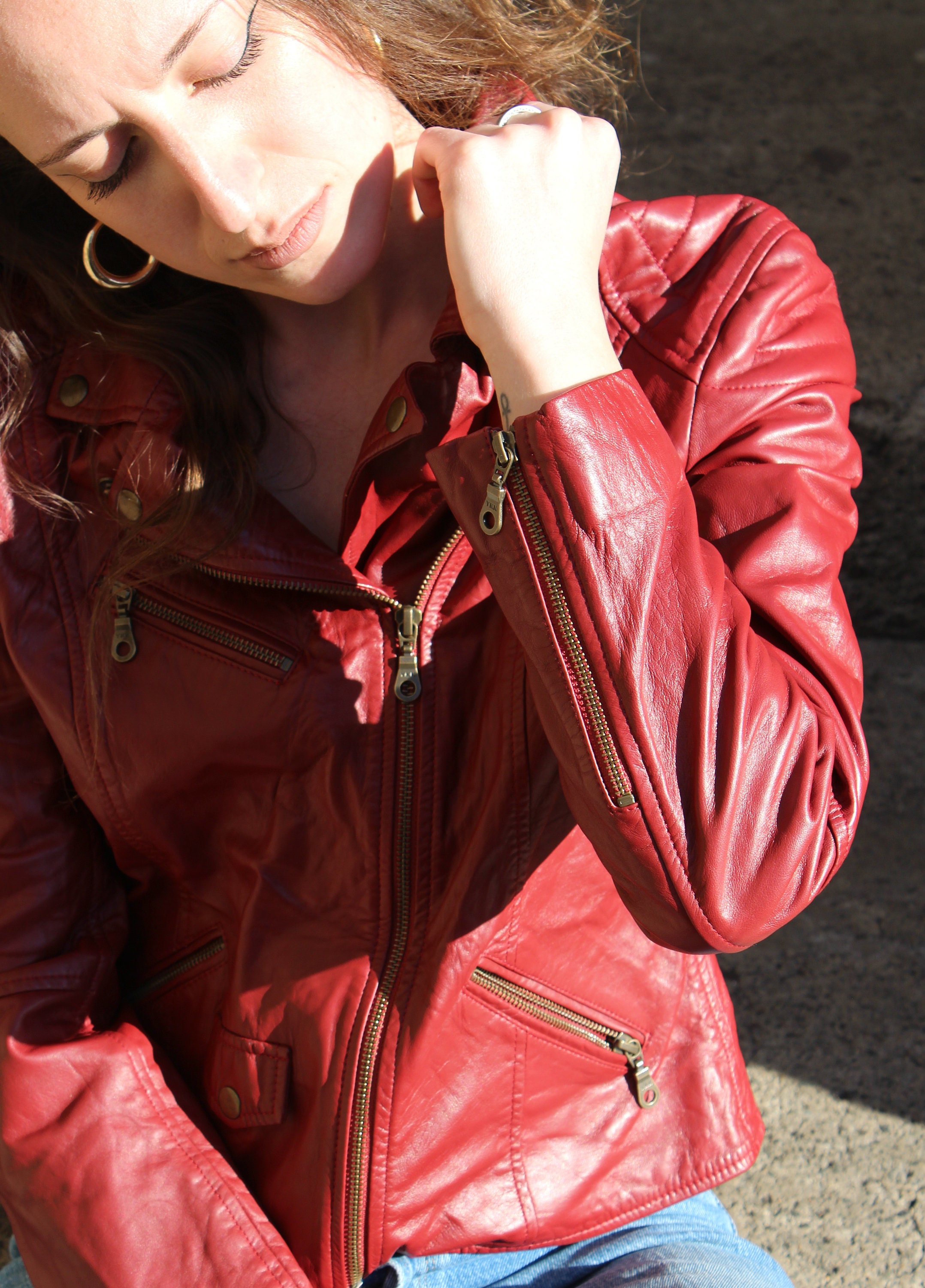 Leather Biker Jacket Red, Ykk Zips, Zipped Sleeves, 3 Front