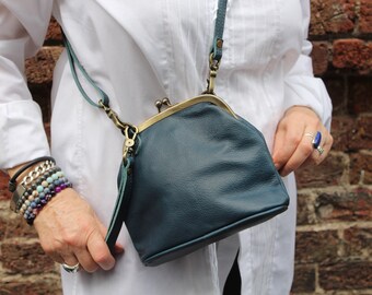 Blue Leather Kiss Lock Clutch: Vintage Style Top Handle Bag