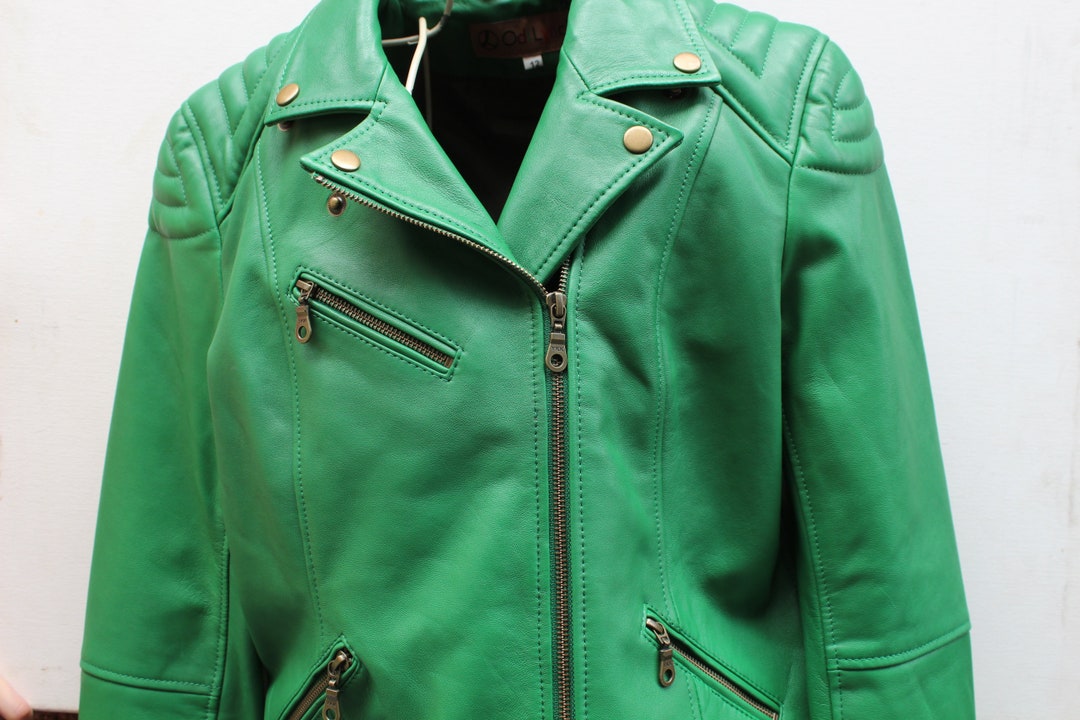 Chaqueta biker cuero verde chaqueta de moto con cremallera verde