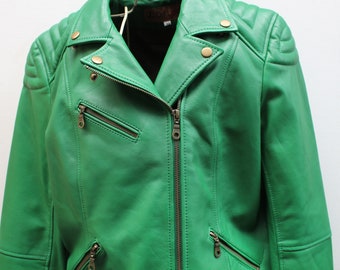 Biker Jacket Green Leather, Zipped motorbike jacket, Irish Emerald green, Various sizes available, YKK zips, 3 front pockets, Zipped sleeves