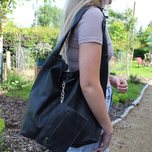 Black Leather Slouch Hobo Bag, Scoop Shoulder Tote with Chained Purse, &#39;Beach&#39;