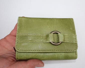 Apple Green Leather Trifold Wallet: Ring Accent, Card Slots