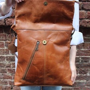 Odilynch Amelie, Tan smooth Leather Bag, Adjustable Messenger, Shoulder Bag, Cross-body, Foldover Zip Bag image 6