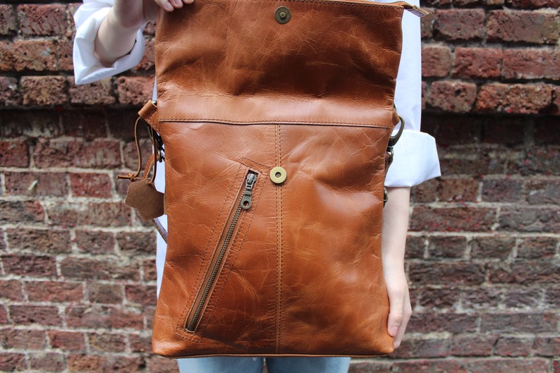 Odilynch Amelie, Tan smooth Leather Bag, Adjustable Messenger, Shoulder Bag, Cross-body, Foldover Zip Bag image 6