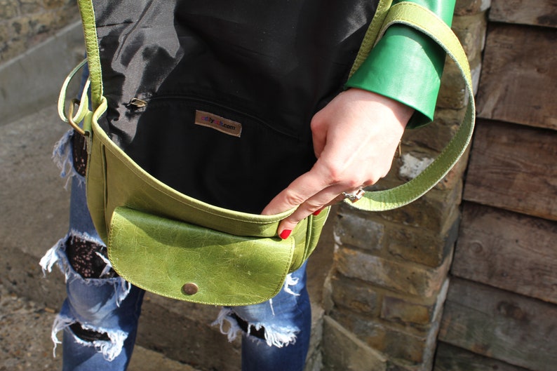 Saddle Bag Medium, Light green leather, Internal zip pocket, Very spacious for medium bag, Avocado green, Apple Green, Shoulder or crossbody image 10