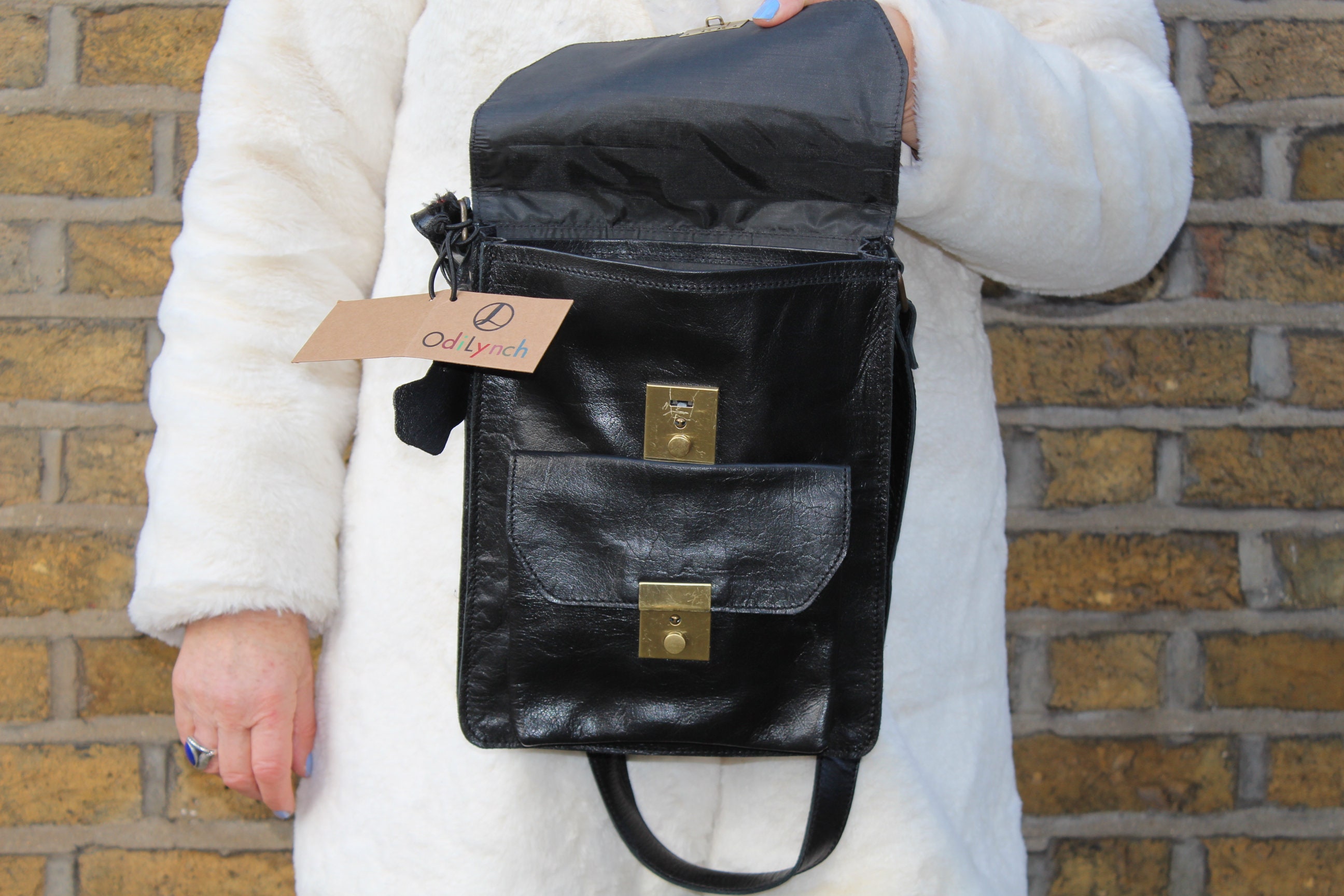 Satchel Level Lock, Black Leather Artist Bag, Multi Pocket