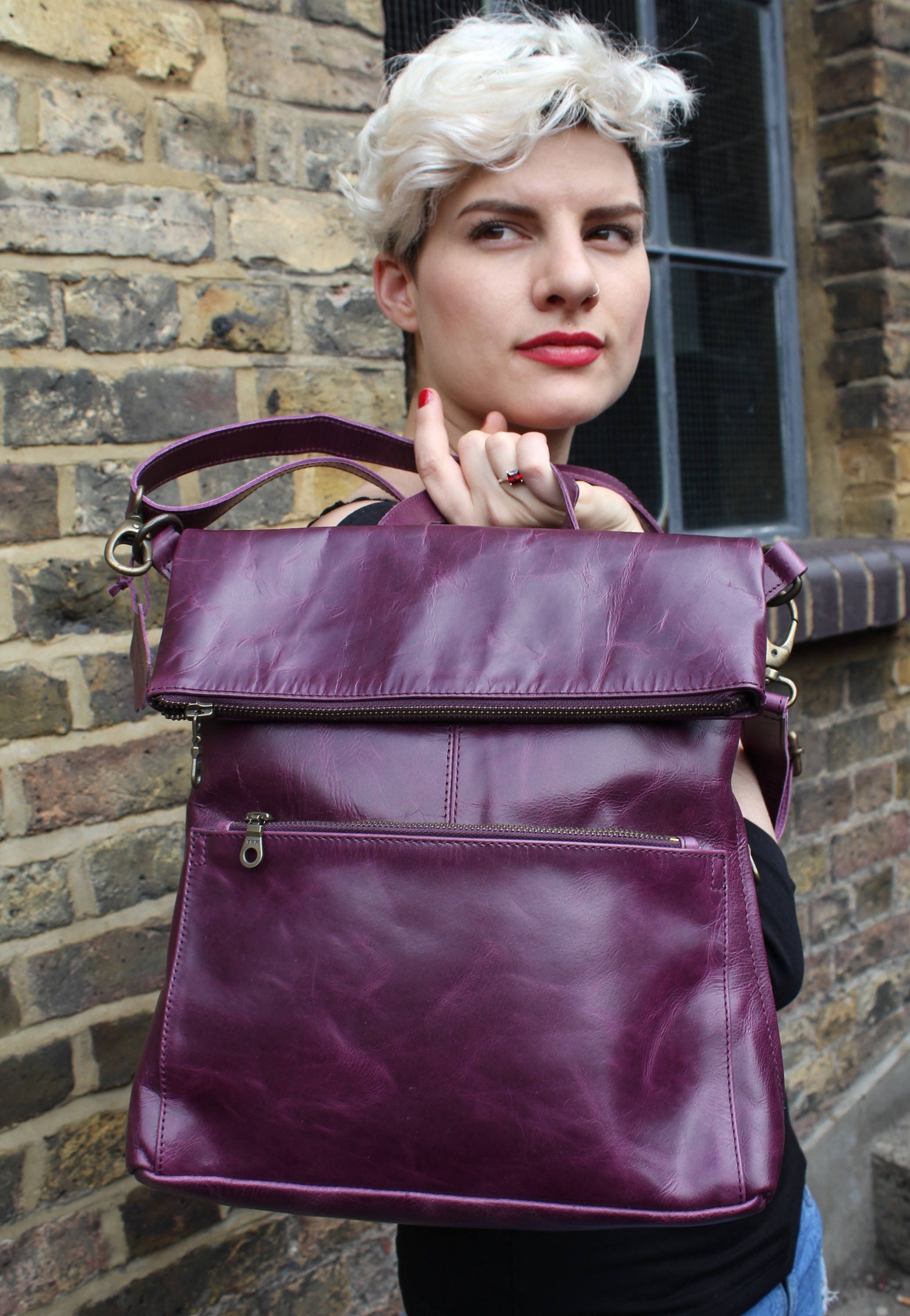 Purple Leather Women\'s Convertible Backpack Purple Leather Backpack: Embossed Boho Convertible Bag - Etsy main image 2