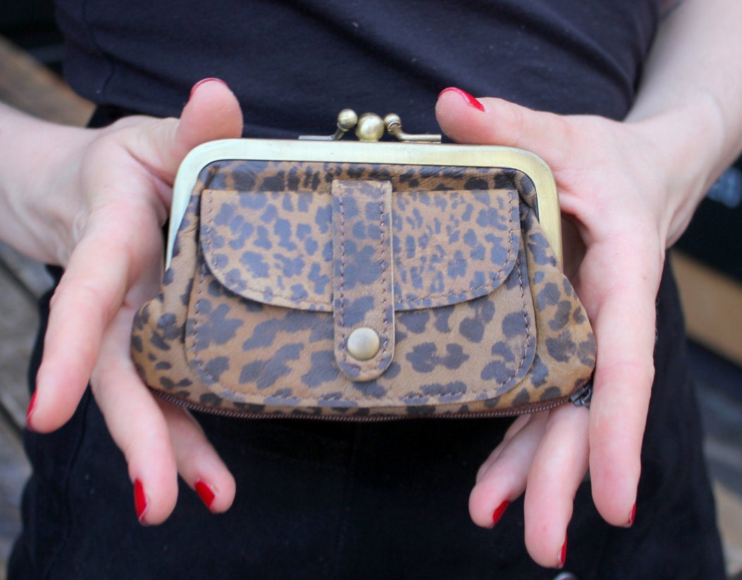 Leopard Print Leather Clip Purse: Kiss Lock Clasp, Zipped Bottom